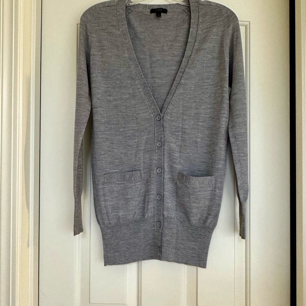 J Crew Gray 100% Merino Wool V Neck Botton Down Long Cardigan Sweater Sz: XS